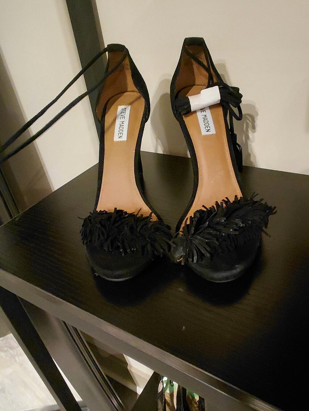 Steve Madden Women’s Black Fringe Ankle-Tie Heels